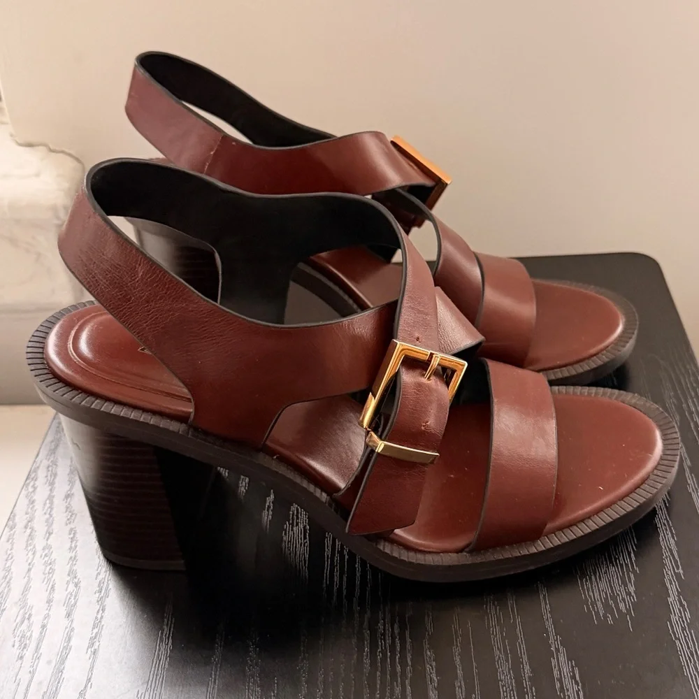 Zara Brown Leather Sandals With Gold Buckles Like New 2025 - Picture 3 of 5